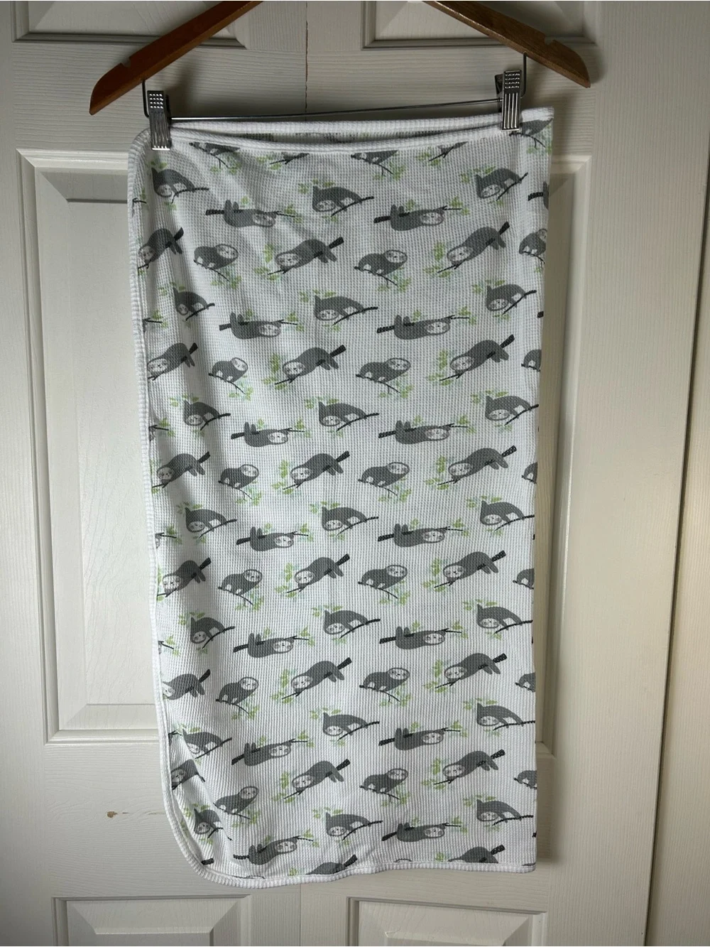 Just Born Sloth Baby Blanket Thermal Waffle Weave Cotton Gray White Tree Branch